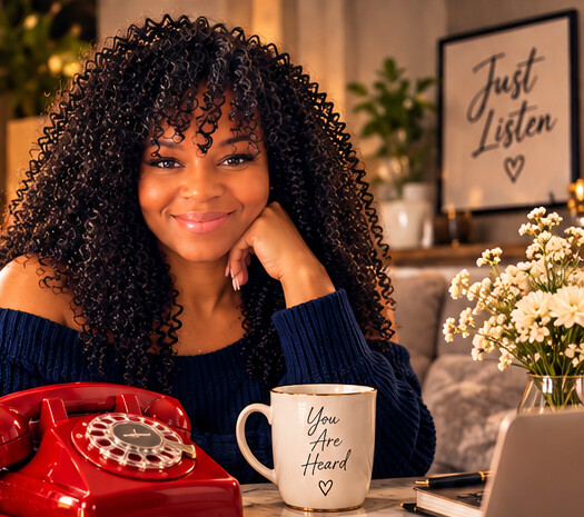A welcoming scene with a woman, a red telephone, and a coffee mug