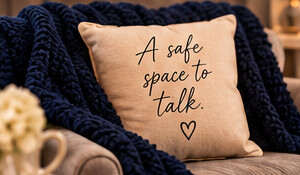 A pillow reading A safe space to talk