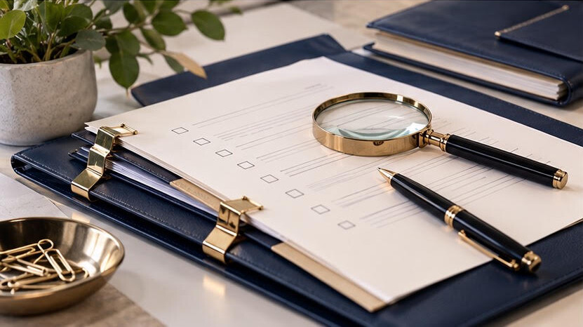 Documents being carefully reviewed with a magnifying glass