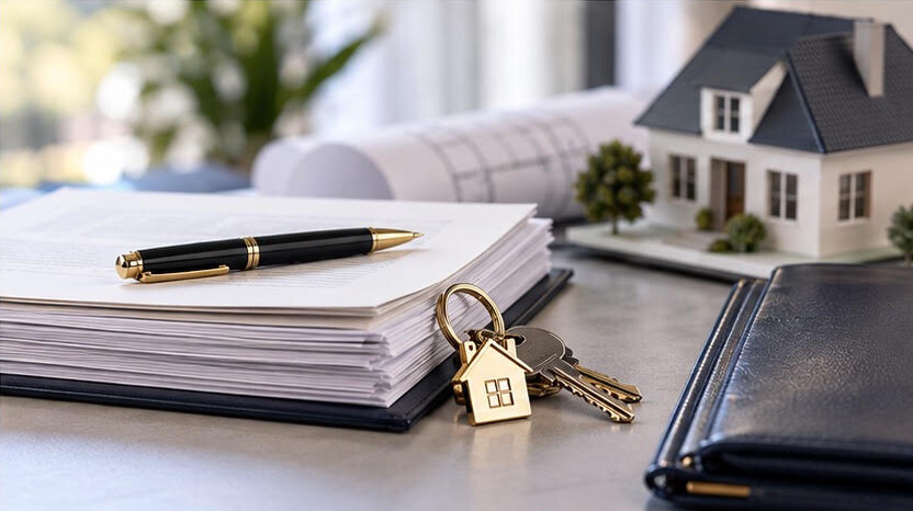 Loan documents, house keys, and a model home ready for a real estate closing