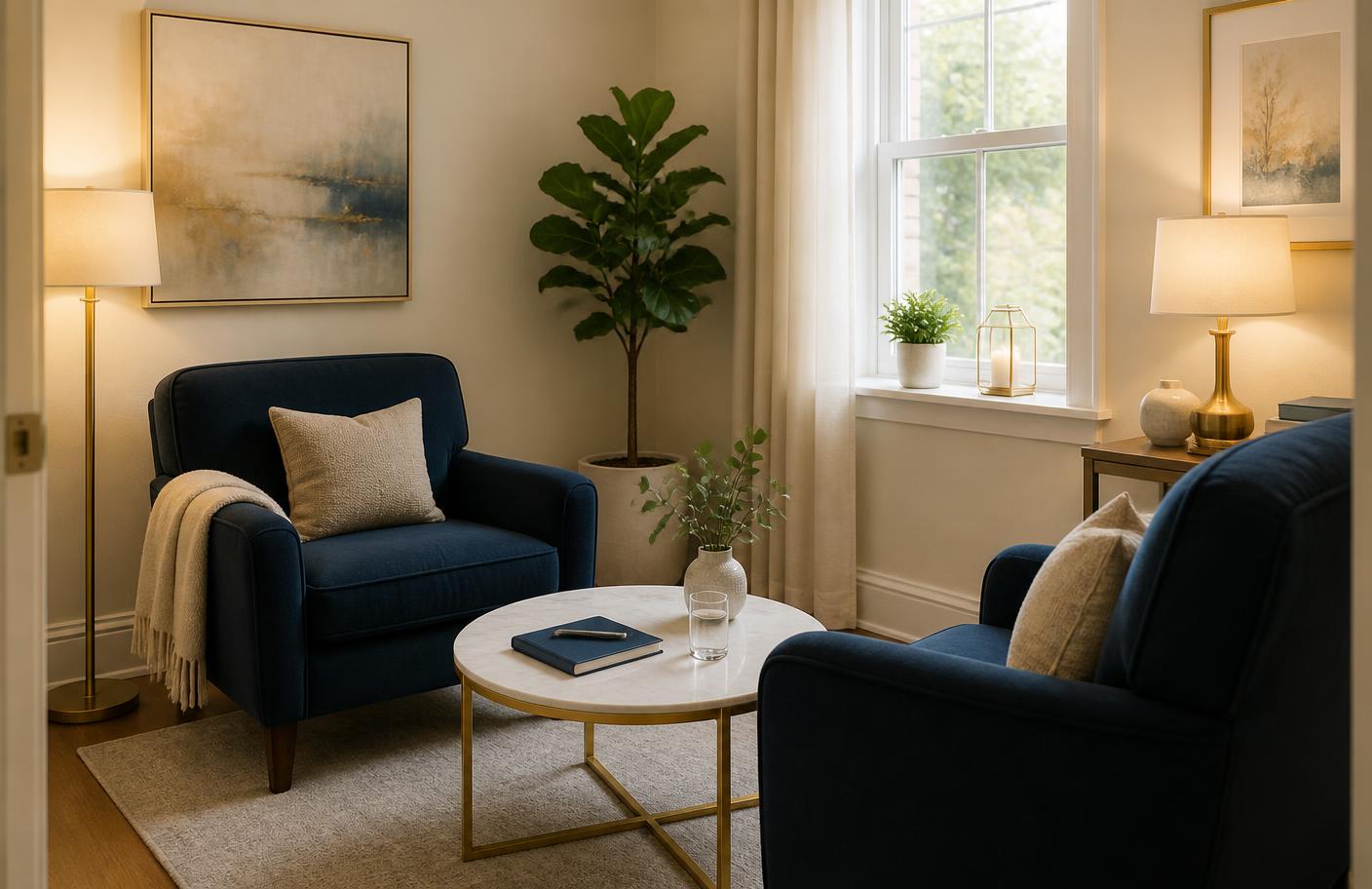 A calm, warm room arranged for a mediation session